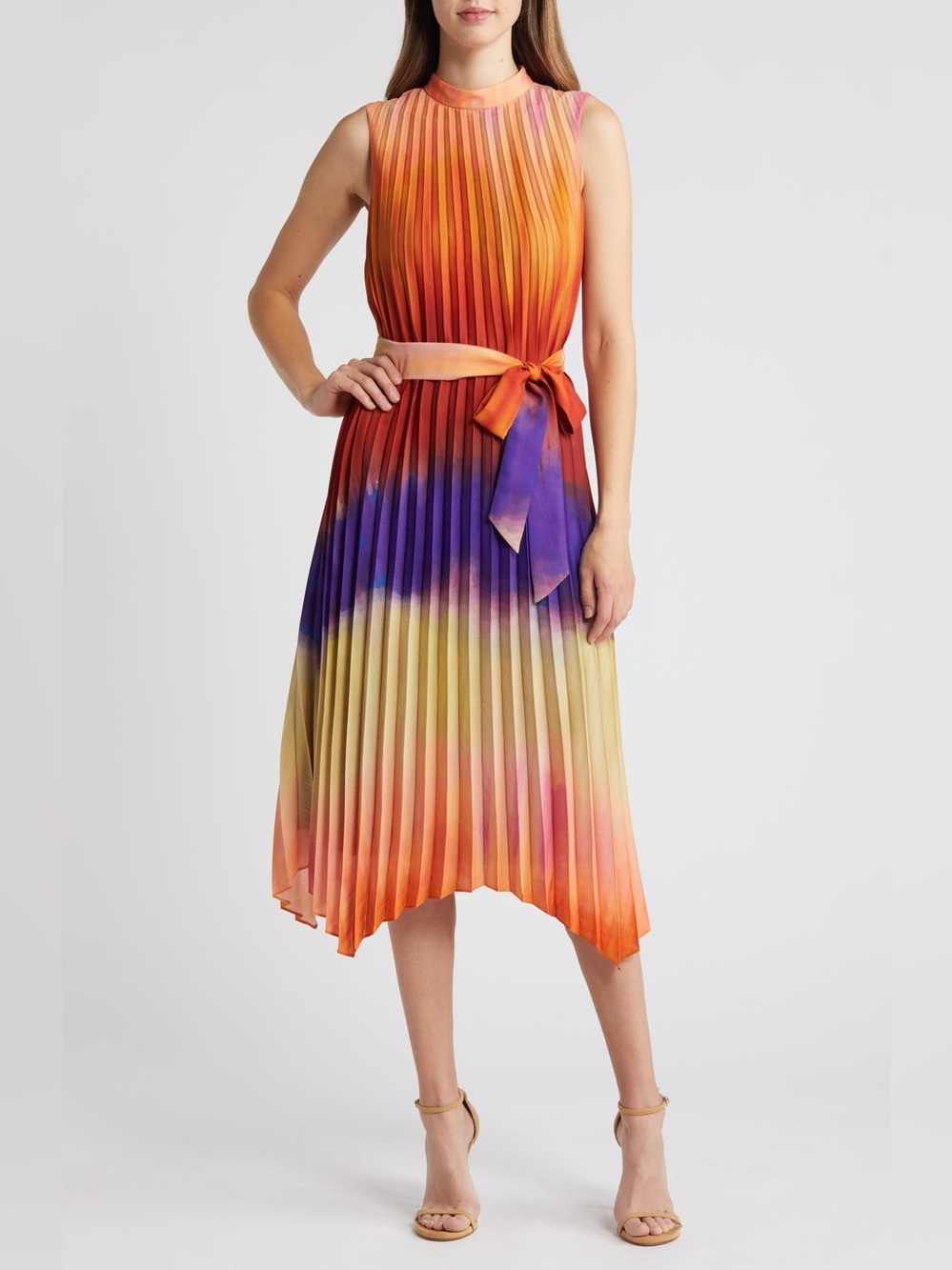 NWT TAHARI Ombre Pleated Midi Dress Women’s 16 Sleeveless Mock Neck Waist Tie
